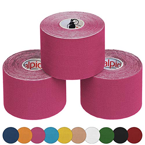 ALPIDEX 3 rollos Kinesiología tape 5 m x 5,0 cm cinta kinesiologica en varias colores, Color:pink