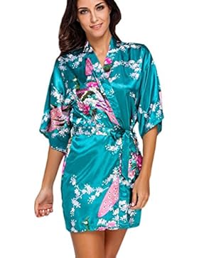FLYCHEN Damen satin Morgenmantel Pfau und Blüten japanische kurze Kimonos