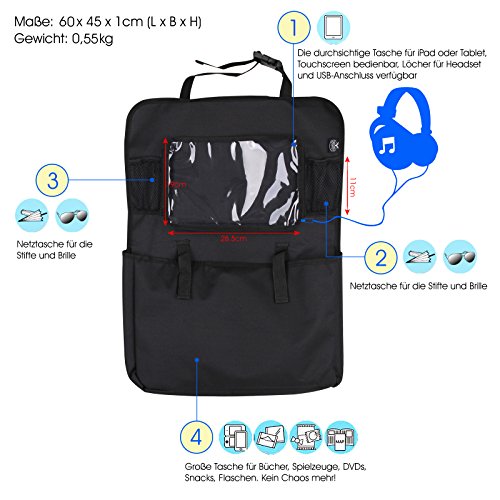 BAYTTER® Rücksitzschoner Rückenlehnenschutz + Rücksitz Organizer mit großer Kapazität, mit durchsichtigem iPad Tablet Fach, für Kinder Früherziehung wasserdicht, mit Mustern von „Wagen“, 60 x 45cm, passend für jedes Auto - 3