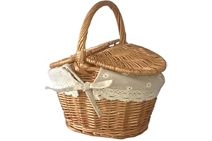 URMAGIC Small Wicker Picnic Basket,25 x 18cm Vintage Picnic Hamper with Double Lid,Handle and Linner,Oval Willow Storage Basket,Portable Storage Basket for Picnic,Outdoor,Camping