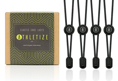 ATHLETIZE 2 Paar / Schnürsenkel mit Schnellverschluss / Elastische Schnürsenkel / Schnell-Schnürsystem / Perfekter Halt / Schleifenlos / Mit eBook "Besser laufen durch optimale Schnürtechniken" (Schwarz)