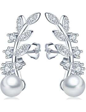 Unendlich U Fashion Blätter Damen Ohrstecker 925 Sterling Silber 5mm Perlen Zirkonia Ohrringe Pearls Earrings