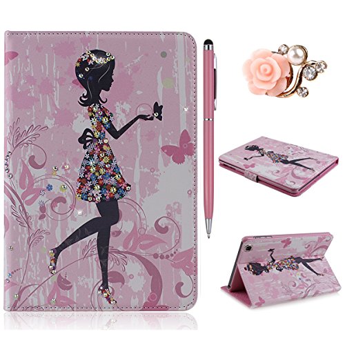 iPad mini Schutzhülle - Felfy Ultra Slim Flip Leather Case für / Apple iPad mini mini 2 mini 3 Tablet / Leder Hülle Etui Cover Handytasche / Bling Luxus Glitzer Glanz Steine Rhinetone Einfach Edel Fairy Fee Mädchen Girl Elf Blume Stil / 1x Rosa Flower Anti Dust Plug / 1x Pink Stylus