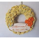 Türkranz Frühling, Landhaus, mit Holzschild Willkommen und gelben Stoffrosen