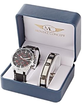 Geschenkbox zeigt Herren Armband Kunstleder schwarz mit Ziffernblatt rund Boden schwarz mehr ein Edelstahl Armband...