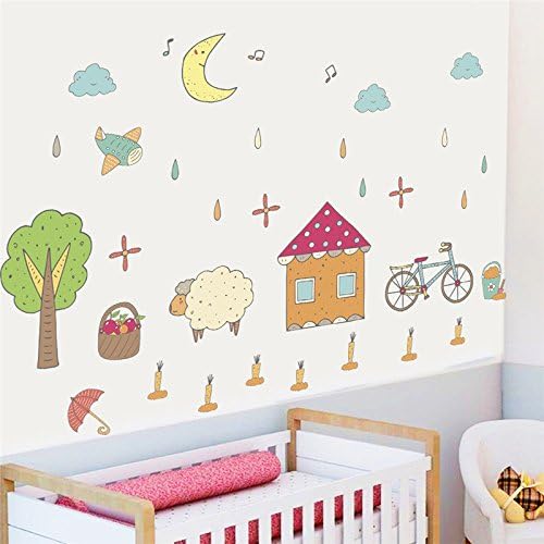 kuamai House Building Sheep Bike Moon Wall Stickers For Kids Room Wall Decals Art Home Fairytale Village Decorations Comic Diy