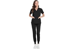MEDSKIN Scrubs Set for Women - Stretch V-Neck Scrub Top & Jogger Trouser Pants with 8 Pockets