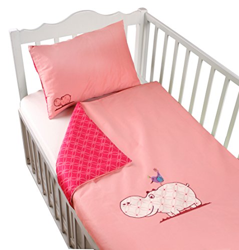 Tots by Smart Rike 280 - 205 - Set biancheria letto Joy, 100% raso di costruzione, copripiumino 100 x 135 cm e 1 federa 60 x 40 cm, Hippo rosa