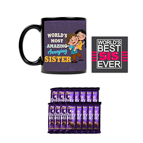 YaYa Cafe™ Birthday Chocolates Gift Combo for Sister, Worlds Most Annoying Sister Mug, Coaster, 5 Pcs Dairy Milk Chocolates Gift Combo of Rakhi