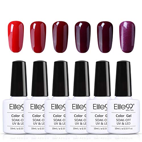 Elite99 Esmalte de Uñas, Esmaltes Semipermenentes para Uñas, 6pcs Kit de Uñas de Gel, Soak off Pintauñas de Colores para Manicura 10ml - Rojo 007