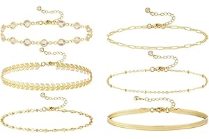 TOEECY 6 Pcs Anklets for Women Gold Plated Adjustable Anklet with Crystal Cubic Zirconia Chain Summer Ankle Bracelets Anklets Set Boho Beach Foot Jewelry