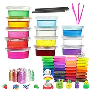 Firstly Traders New Creative Slime Kit with 12 Crystal Slime+ 48 Air Dry Clay with Free Straws, Tools, Glitter for Kids Boys and Girls Age 3+ Years Magic Slime Putty Toys