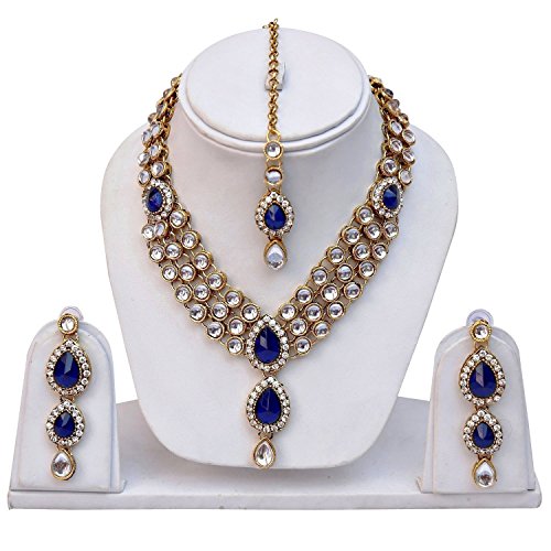 Shining Diva Kundan Traditional Necklace Jewellery Set with Earrings for Women  (Blue) (8408s)