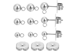 Beebeecraft 1 Scatola 90 Pezzi Componenti per Orecchini A Bottone A Sfera in Acciaio Inossidabile Liscio Geometria Rotonda Componenti per Orecchini A Bottone con Anello e 100 Pezzi Orecchini A Dado