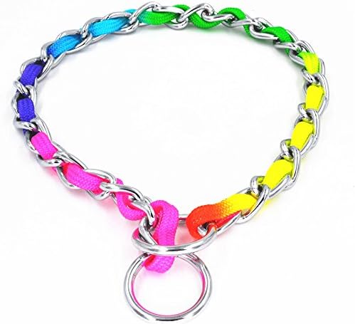 JWPCEU Rainbow Color Stainless Steel P Chock Metal Chain Training Dog Pet Collars Necklace Walking Training Pet Supplies for Small, Medium Dogs,M