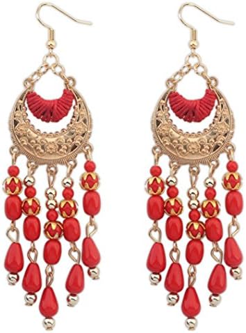Womens Vintage Earrings Bohemian Beaded Earrings Earring Colour: Black, White, Red, Green and Gold Coloured Finish of Desido red