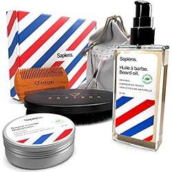 Kit Soin Barbe Homme • Sapiens • Coffret avec Huile Barbe et Baume Barbe FABRIQUÉS EN FRANCE • 100% d'Origine Naturelle • Brosse barbe, Peigne Barbe, Ciseaux, Pochette en tissu • Coffret Cadeau Homme