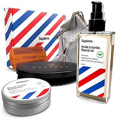 Sapiens Kit Soin Barbe Homme • Sapiens • Coffret avec Huile Barbe et Baume Barbe FABRIQUÉS EN FRANCE • 100% d'Origine Naturelle • Brosse barbe, Peigne Barbe, Ciseaux, Pochette en tissu • Coffret Cadeau Homme