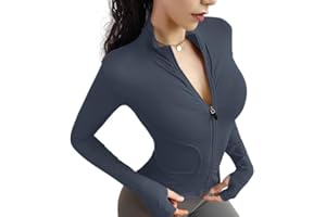 VEKTOL T-Shirt Damen Gym Sport Top Oberteil Yoga Langarm Crop Top Sportshirt Leicht Fitness Oberteil mit Reißverschluss und Daumenloch