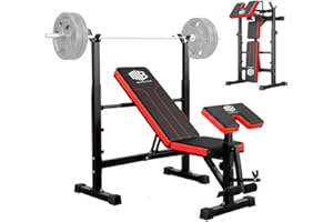 ManiBoom Banco de Musculación PLEGABLE y AJUSTABLE – Banco de Pesas Multifuncional con Soporte para Barra, Carga Máxima 300 kg y Banco de Abdominales Estable para Entrenar en Casa