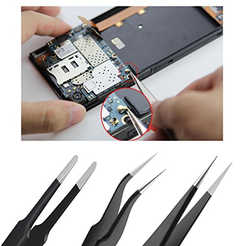 PIXNOR 9st. Anti-Statik-Edelstahl präzise Pinzette Reparatur (schwarz) - 4