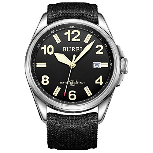 Burei Unisex Militruhr mit Datumsanzeige Schwarzem Ziffernblatt und Schwarzem Canvas Armband Burei Unisex Militruhr mit Datumsanzeige Schwarzem Ziffernblatt und Schwarzem Canvas Armband