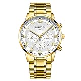 Herrenuhren Chronograph 3 Sub-dials mit Kalender, Römische Ziffern Skala Edelstahlarmband Fashion Elegant Armbanduhren, Gold Weiß