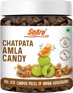 SeAro Chatpata Amla Candy with Spicy and Salted Digestive Masala Coating. Soft and Fresh Amla Pods with More Amla Less Masala. No Preservatives, Export Quality Indian Gooseberry Candy, 300g