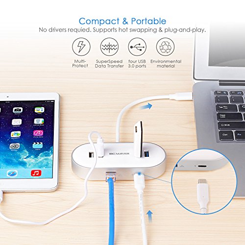 BC Master USB-C Hub mit Ethernet und Stromversorgung, mit 3 USB 3.0 Anschlüsse Datenübertragung und 1 USB Ladeport, 1Gigabit Ethernet LAN Netzwerk Adapter,und 1 USB-C Ladeanschluss, Für neu MacBook 2016 and ChromeBook Pixel - 2