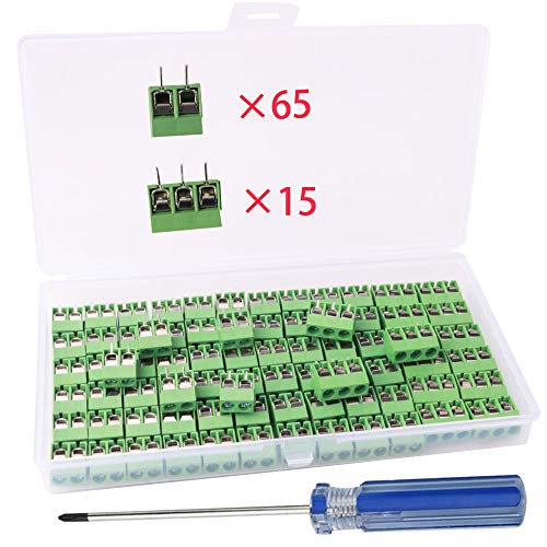 RUNCCI 80 Pezzi 5mm 10A 300V 2 Pin / 3 Pin Morsettiera a verde PCB Blu per Prototipo PCB Scheda Circuito Stampato per Arduino (65pz 2 Pin, 15pz 3 Pin)