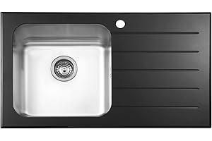 JASSFERRY Brilliant Black Glass Top Kitchen Sink Stainless Steel Single 1 Bowl Right Hand Drainer Glossy Drainboard, 860 x 500 mm