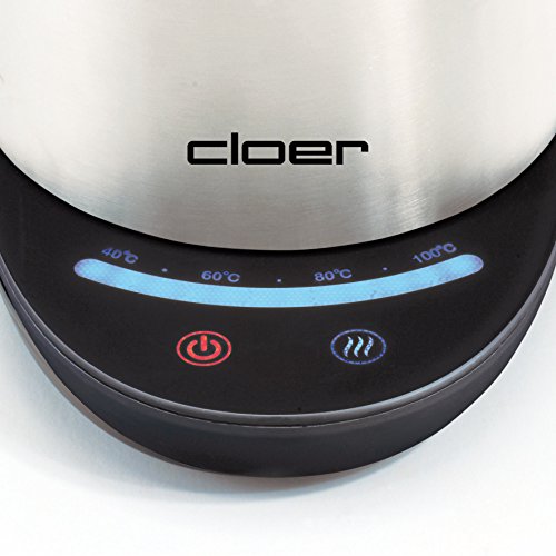 Cloer 4959 Touch-Wasserkocher / 2200 W / Basisstation mit Glasoberfläche / LED-Anzeige und Touchdisplay mit Temperaturregelung ( 40°- 100° C) / 1,7 Liter / mattierter Edelstahlbehälter - 6