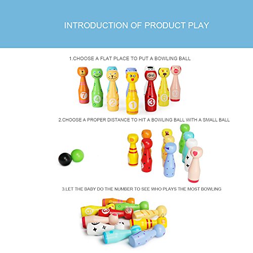 MXtechnic Wooden Bowling Ball with Numbers ,Cute Cartoon Animal Multicolor Skittles Set Sport Toys for Baby Infant Kids --MINI Edition (10 Pins + 3 Balls) (Wooden Bowling Ball)