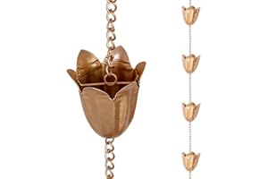 Qipade Rain Chains for Gutters, 8.3ft Length Copper Lotus Rain Chain with 12 Cups, Decorative Rain Catcher Replacement Downspout for Gutters, Eaves Drainage