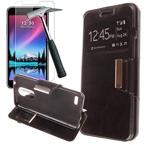 OVIphone Funda Con Tapa Libro Soporte   Cristal Templado Para LG K4 2017  NO COMPATIBLE CON LG K4 K120E 2016  Color Negro 