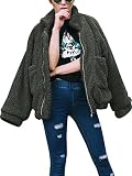 ECOWISH Damen Mantel Revers Faux Für Lose Langarm Outwear Tasche Reißverschluss Winterjacke Mode Kurz Coat Grün L