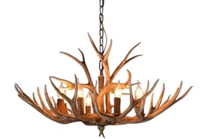 YUNRUX Geweih Kronleuchter 6 in 1 Kerze Type Hirschgeweih Lampe Innenbeleuchtung Hängelampe Geweihlampe Pendelleuchte Wohnzimmerlampe Retro Vintage Deckenlampe Antik Hängeleuchte E14(mit Glühbirne)