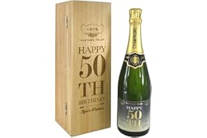 ENGLISH PEWTER COMPANY SHEFFIELD, ENGLAND 50th Birthday Gift For Him or Her Personalised 75cl Bottle of Champagne Presented in an engraved Wooden Box [CHAM004]