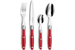 LOU LAGUIOLE PRADEL ESSENTIEL - Ménagère 24 couverts de table pour 6 personnes - Comptoir - Acier inoxydable 18/0, Finition Standard - Rouge
