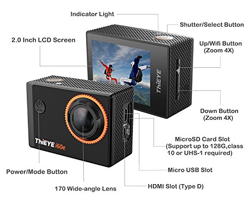 ThiEYE i60e Actioncam 4k HD Action Cam Wasserdichte Helmkamera Actionkamera WIFI Sport Action Kamera 170° Weitwinkel 2 Zoll - 3
