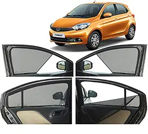 Autofact Half Magnetic Window Sunshades / Curtains for Tata Tiago [Set of 4pc - Front 2pc Half Without Zipper ; Rear 2pc Full with Zipper] (Black)