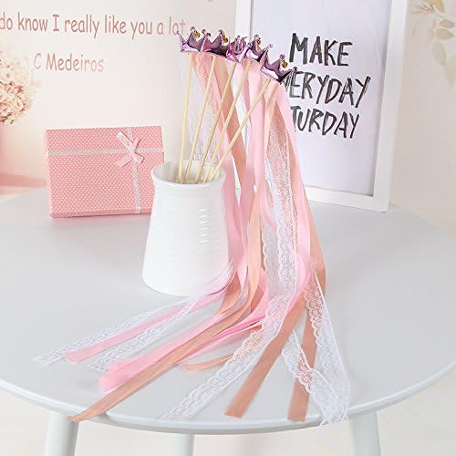 Bysn Pack of 30 Mix Color Chromatic Silk Lace Ribbon Streamers with Crown Bells Fairy Stick Wish Wands for Wedding,Party,Activities Decoration Light Pink