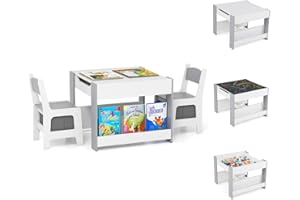 DREAMADE 4 in 1 Kindertisch mit 2 stühlen, Kindersitzgruppe aus Holz mit umkehrbarer Tafel & Bücherregalen, Kinder Tisch Stuhl Set mit 2 Stoffboxen, Kindermöbel Aktivitätstisch Set für Kinder (Grau)