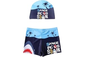 TODREMOU Bañador para niños, bañador, niños de 3 a 8 años, diseño de dinosaurio/tiburón, protección contra la radiación UV con gorro de baño