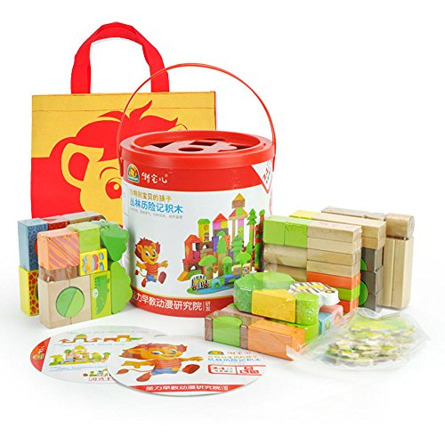 TOP BRIGHT Wooden Building Blocks Set - 100 Blocks Forest Adventure 13 Scene Puzzles Game