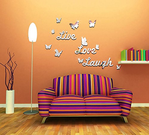 Extsud® DIY Spiegel Aufkleber Schmetterling / Herz Live Love Laugh Wandaufkleber Wandtattoo Wandsticker für Kinder / Babys Schlafzimmer Wohnzimmer Haus Dekoration Bestes Geschenk (Schmetterling, Silber) - 3