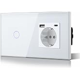 BSEED Touch Switch and Wall Plug, Socket with USB C, Glass Panel with LED Push Button, Without Wifi Function, 1 Gang 1 Way+1