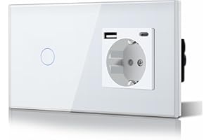BSEED Interruptor táctil y enchufe pared,Toma de corriente con USB C,Panel de Vidrio con pulsador LED,Sin Función Wifi,1 Gang 1 Vía+1 Enchufe USB/Tipo C,157mm Blanco