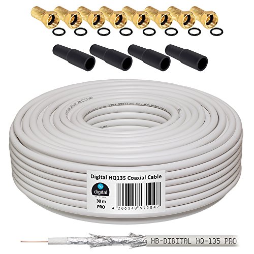 HB-DIGITAL Cable Coaxial de HB Digital Set SAT de cable con conectores F dorados y protección Boquillas, cable coaxial para recepción por satélite, nivel de protección 130dB, mejor recepción para HDTV, 3d, FullHD, Ultra HD, HD 4 K2 K, UHDTV
