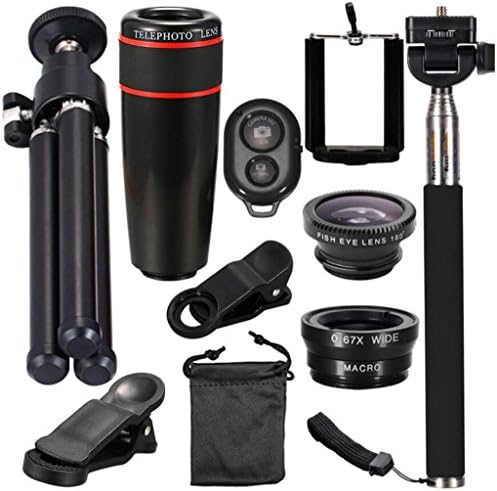 10 in 1 Smartphone Camera Lens Kit, Bluetooth Remote Control + Mini Tripod + Fish Eye + Wide Angle + Macro Lens + Telephoto Lens + Self-timer Pole